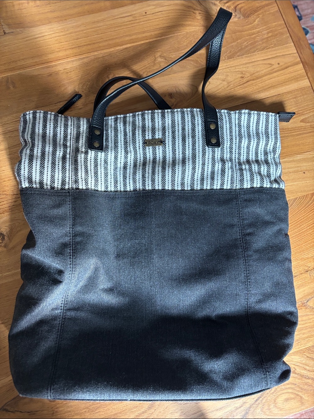 Roxy Black and White Striped Canvas Messenger Tote
